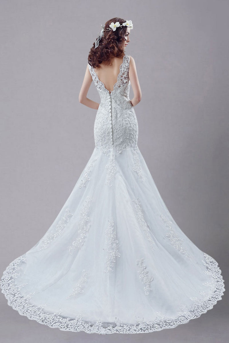 White Wedding Dress Lace Sexy Backless Bridal Gowns Rhinestones Beaded Mermaid Wedding Gown-Dbrbridal