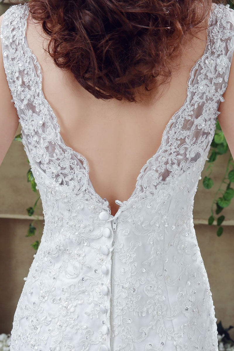 White Wedding Dress Lace Sexy Backless Bridal Gowns Rhinestones Beaded Mermaid Wedding Gown-Dbrbridal