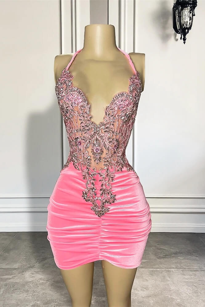 Pink Halter Sleeveless Short Prom Dresses Featuring Beadings