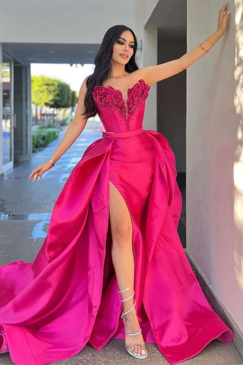 Fuchsia Long Overskirt Slit Sweetheart Prom Dress with Beadings