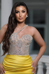 One Shoulder Yellow Sleeveless Mermaid Prom Dress With Sequin Beading Split