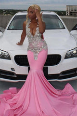 Pink Sleeveless V-Neck Mermaid Prom Dresses With Beadings