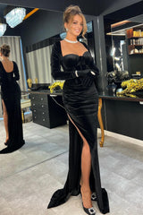 Velvet Split Sweetheart Mermaid Prom Dresses with Long Black Sleeves