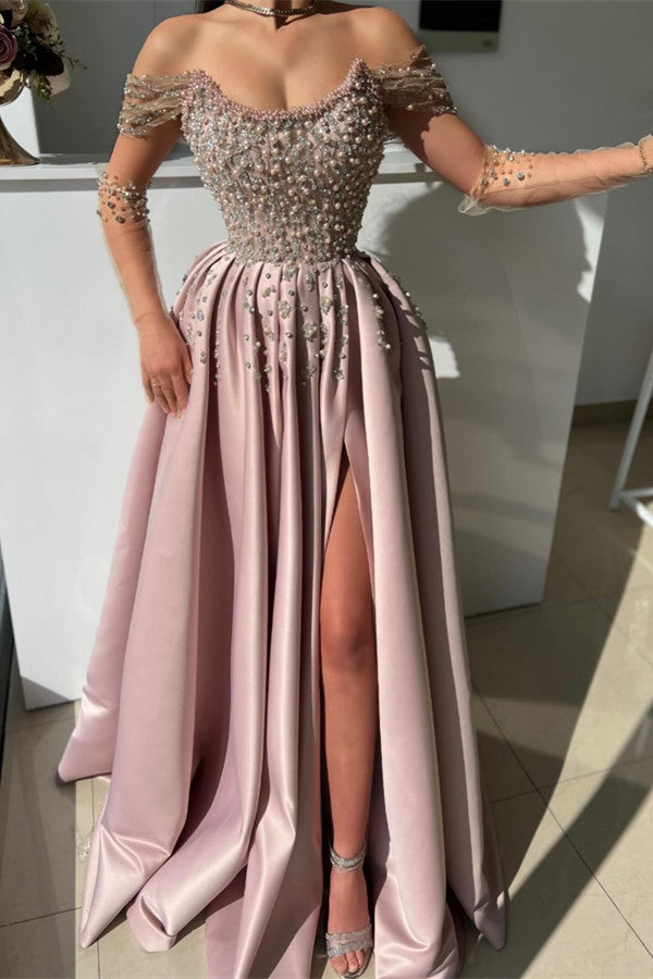 Off-the-Shoulder Prom Dress in Dusty Pink A-Line Style with Slit and Pearls